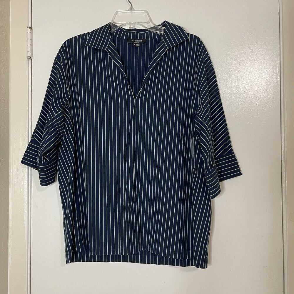 LAFAYETTE 148 New York navy green stripe short sleeve blouse top size medium